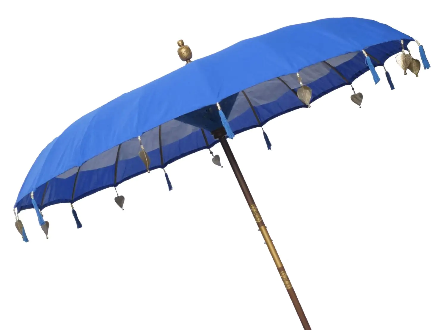  Product image 2 of the product “Bali umbrella , turquoise with wooden coins and gold leaves hanging around the edge. Approx. 230cm dia. and 250cm height ”